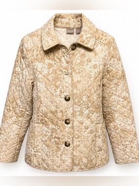 Chico’s Quilted Jacquard Jacket Beige Metallic Floral‎ Button Front Sz 1 Luxe